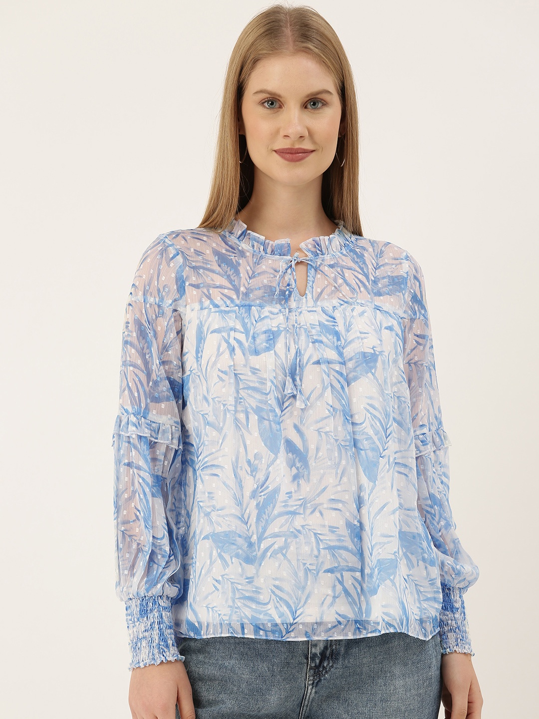 

And Women White & Blue Floral Printed Tie-up Neck A-line Top