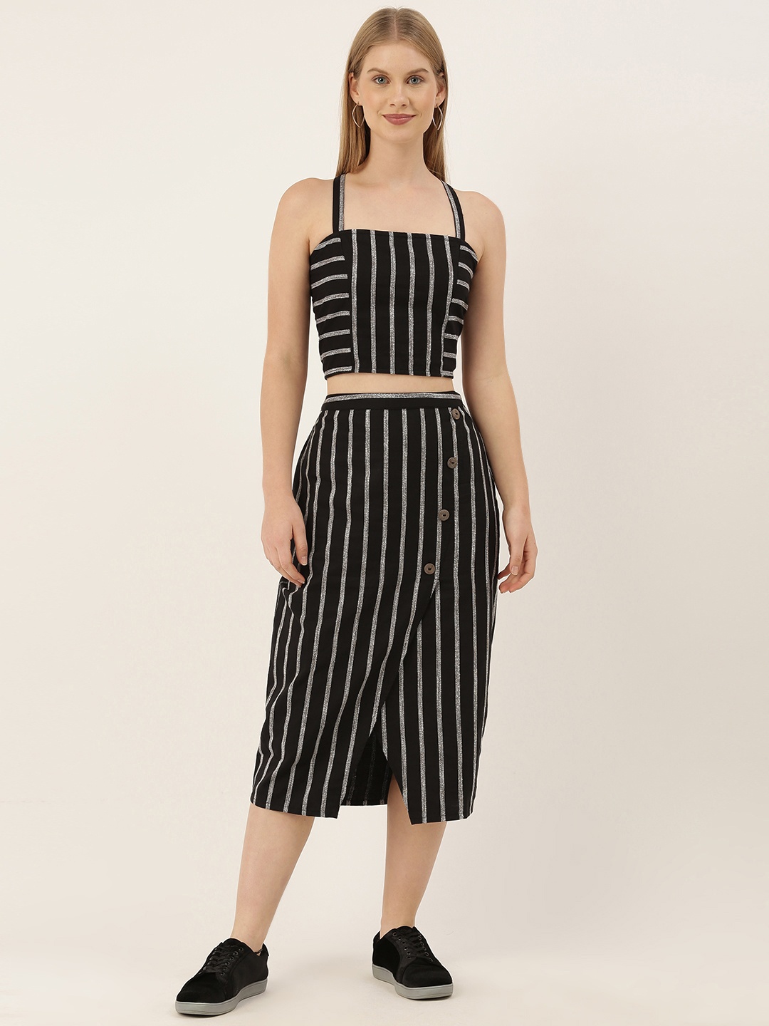 

AND Women Black & Grey Striped Top with Skirt