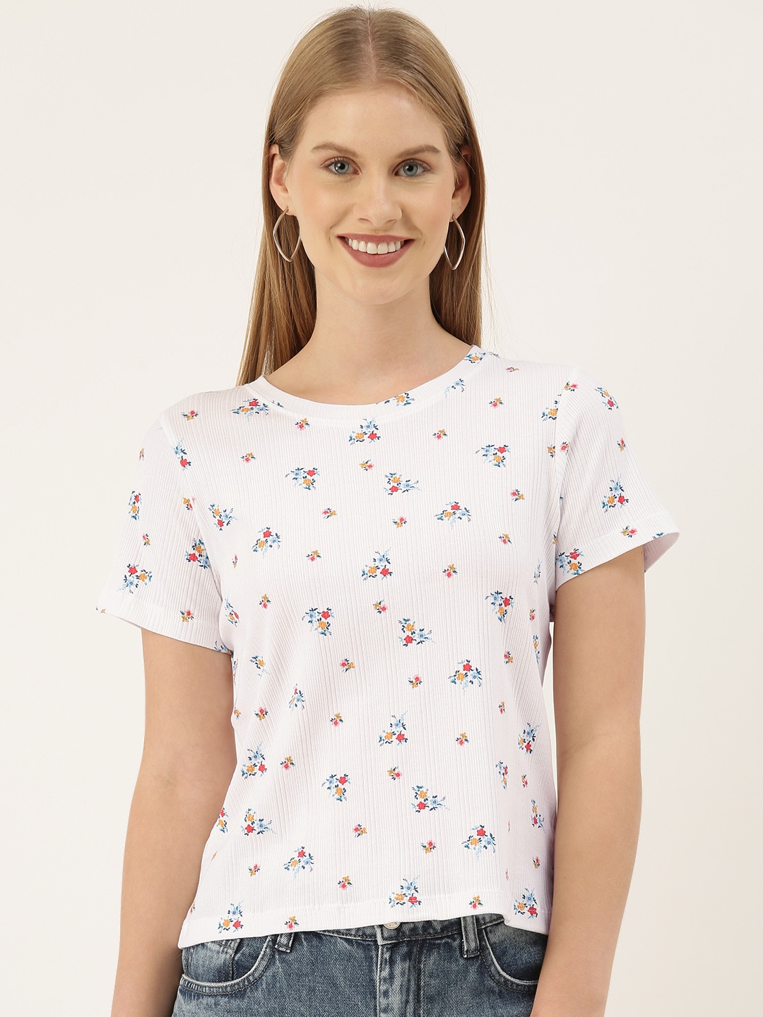 

AND White & Multicoloured Floral Printed Regular Top