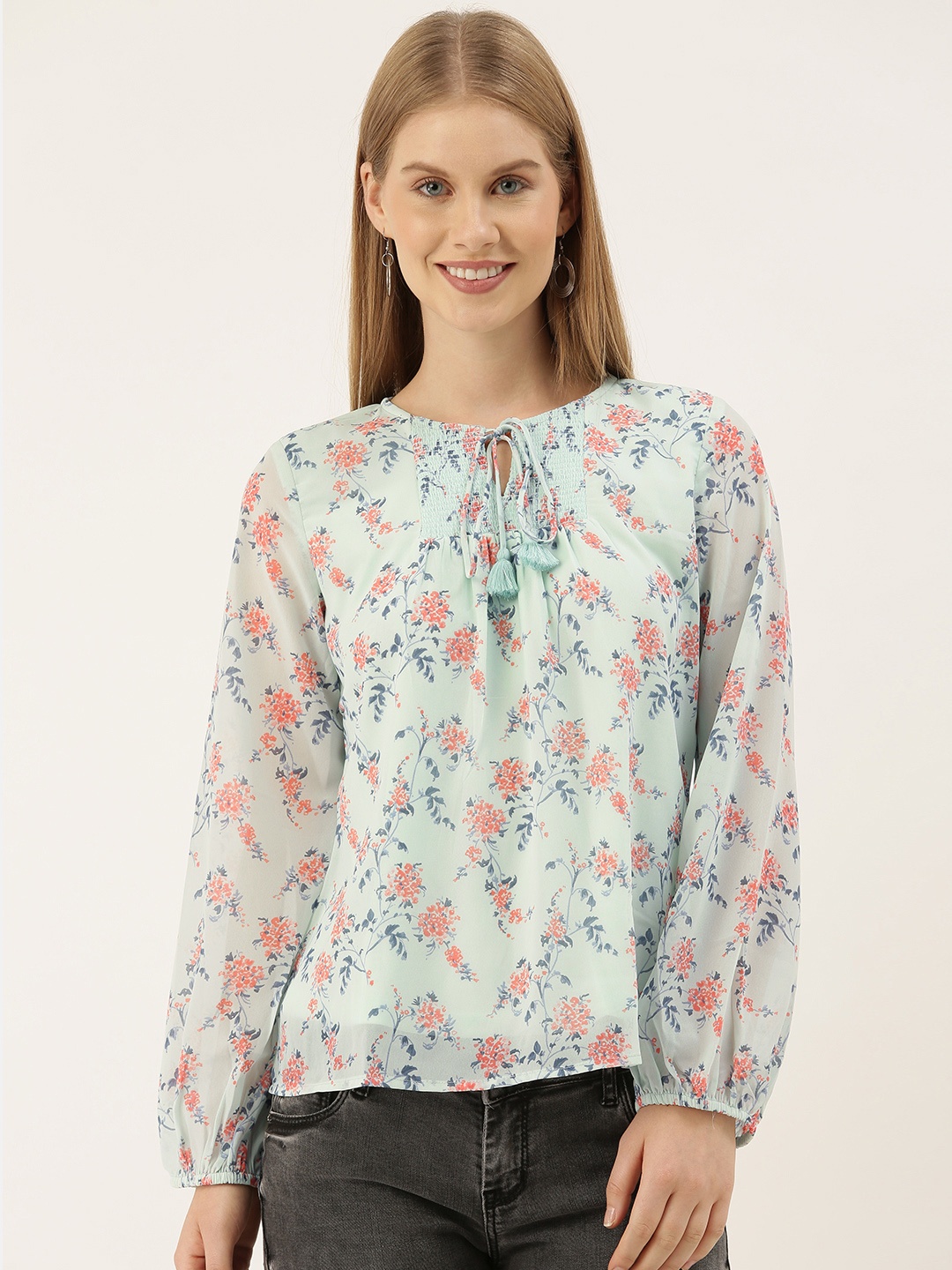 

AND Blue & Peach-coloured Floral Printed Puff Sleeves Regular Top