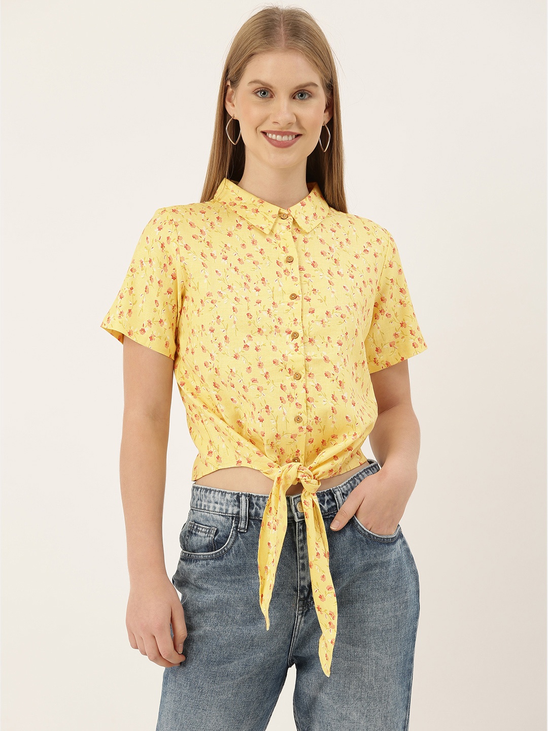 

And Yellow & Green Floral Printed Linen Regular Crop Top