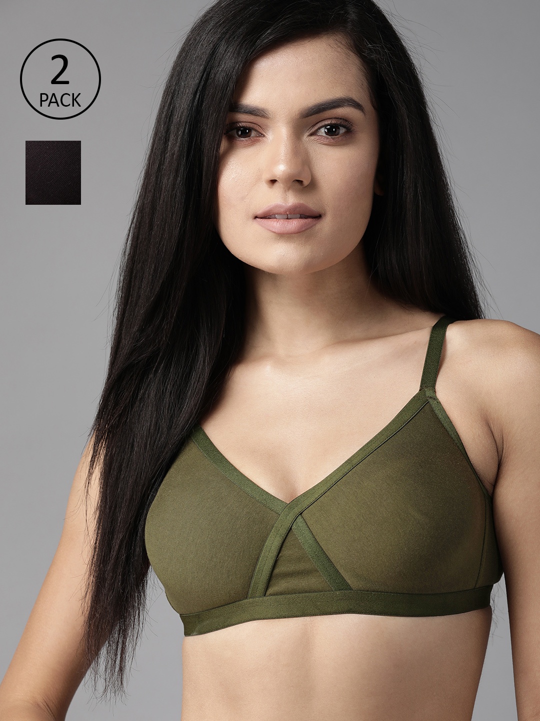 

Roadster Women Pack Of 2 Solid Non-Padded T-Shirt Bras RDST-BRA-CRS-01, Olive