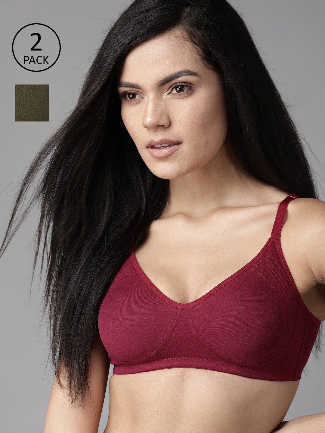 

Roadster Women Pack of 2 Solid Non-Wired Non Padded Everyday Bra RDST-BRA-ENC-01, Olive