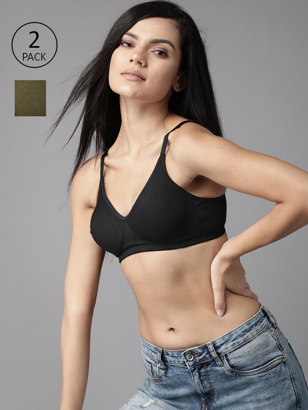 

Roadster Women Pack Of 2 Solid Non-Padded T-Shirt Bras RDST-BRA-BCS-01, Olive