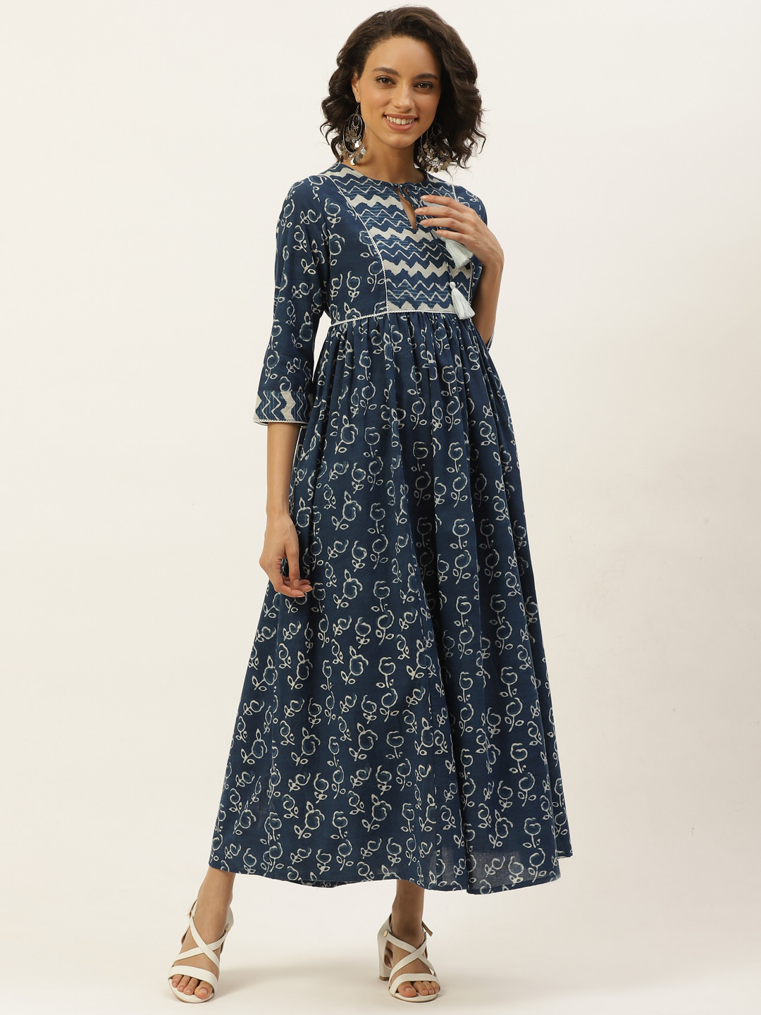 

Taavi Women Navy Blue & White Indigo Hand Block Print Sustainable Maxi Dress