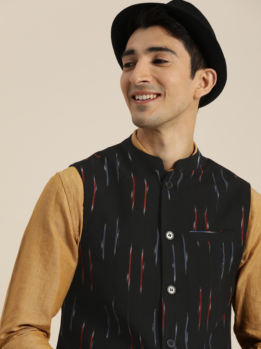 

Taavi Men Black & Maroon Ikat Woven Design Sustainable Nehru Jacket With Mandarin Collar