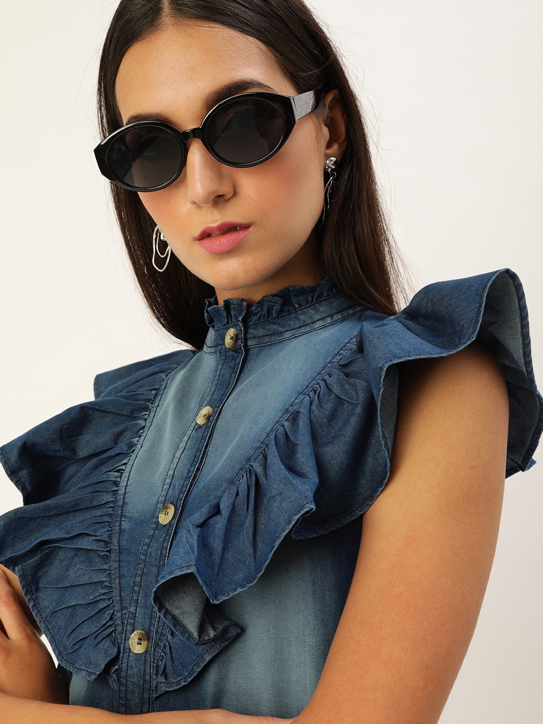 

StyleStone Hazy Blue Ruffled A-Line Retro Denim Dress