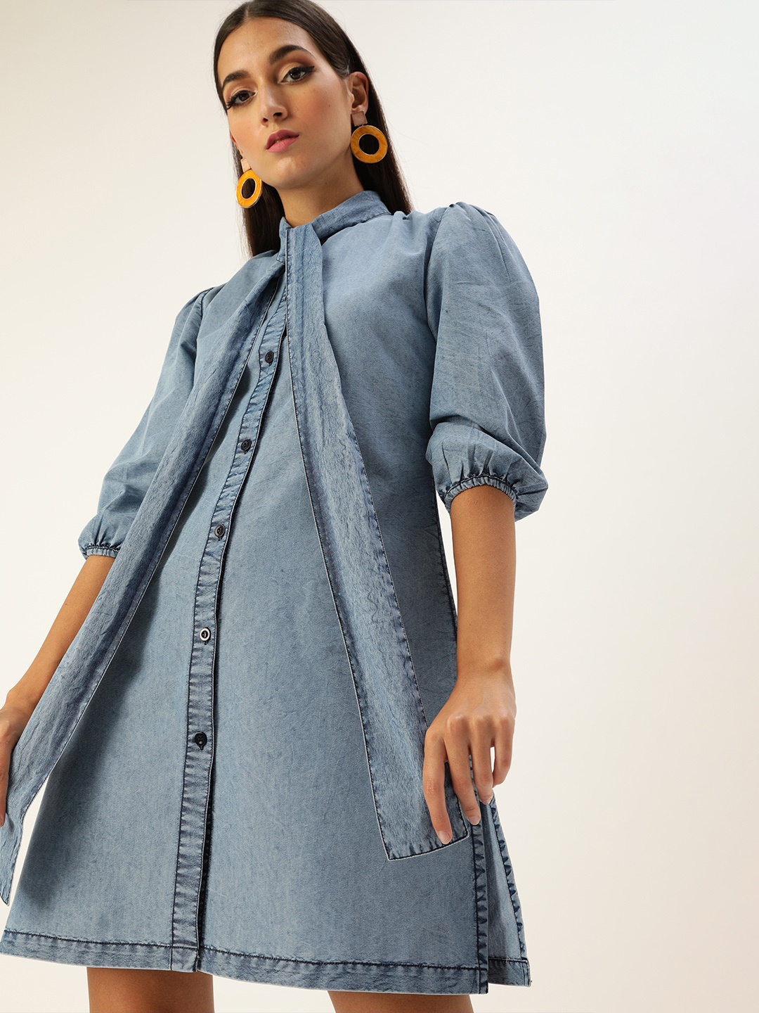 

StyleStone Effortless Blue Tie-Up Neck A-Line Retro Denim Dress