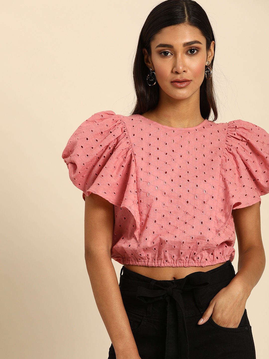 

Athena Gorgeous Pink Flutter Sleeves Schiffli Detail Power Shoulders Crop Top