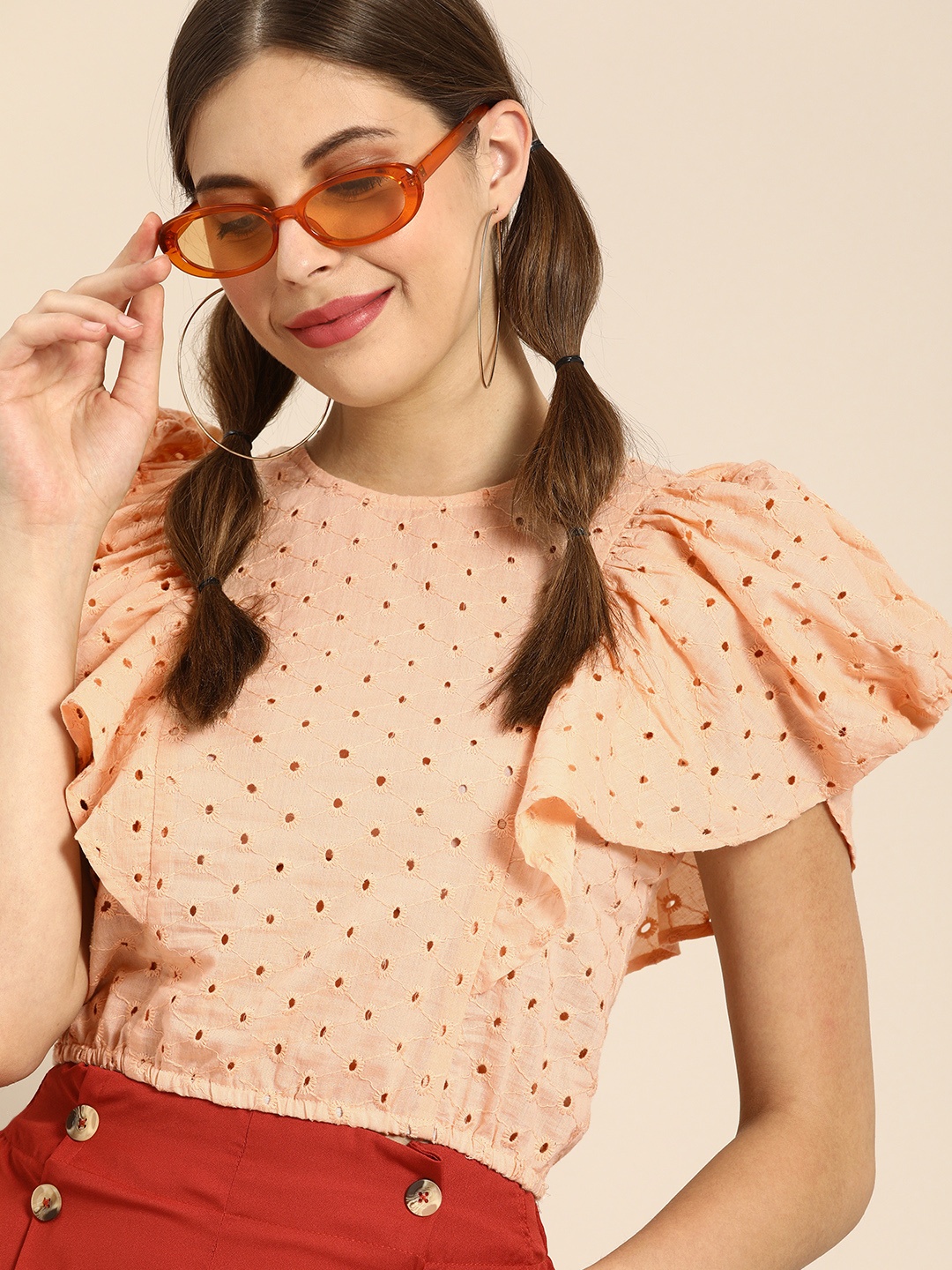 

Athena Soothing Peach Schiffli Detail Power Shoulders Crop Top