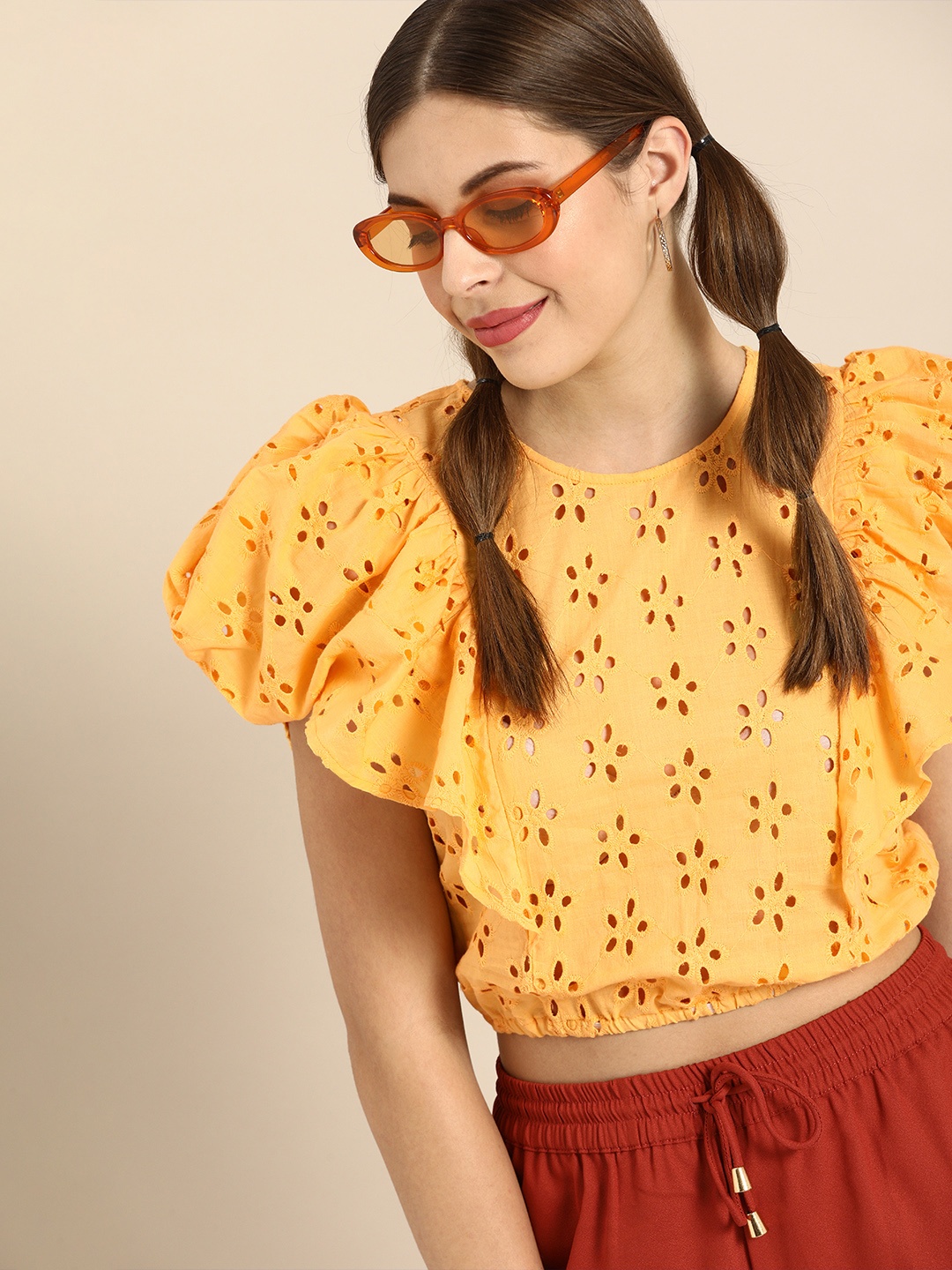 

Athena Yellow Schiffli Detail Power Shoulders Crop Top
