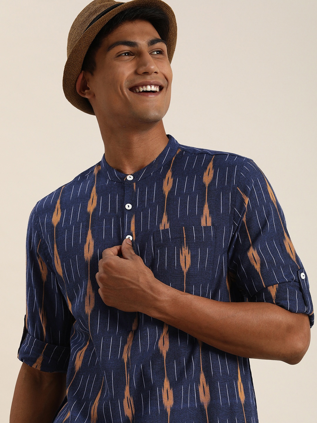 

Taavi Men Navy Blue & Rust Orange Ikat Woven Design Kurta with Trousers