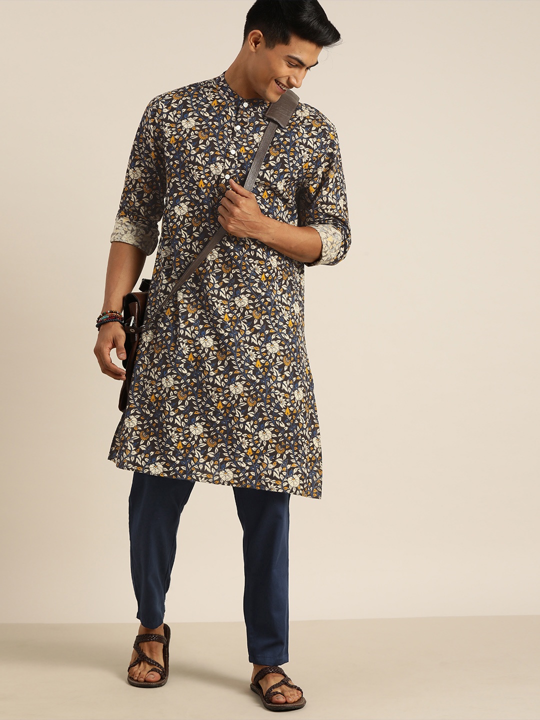 

Taavi Men Blue & Yellow Kalamkari Block Printed Sustainable Kurta with Trousers