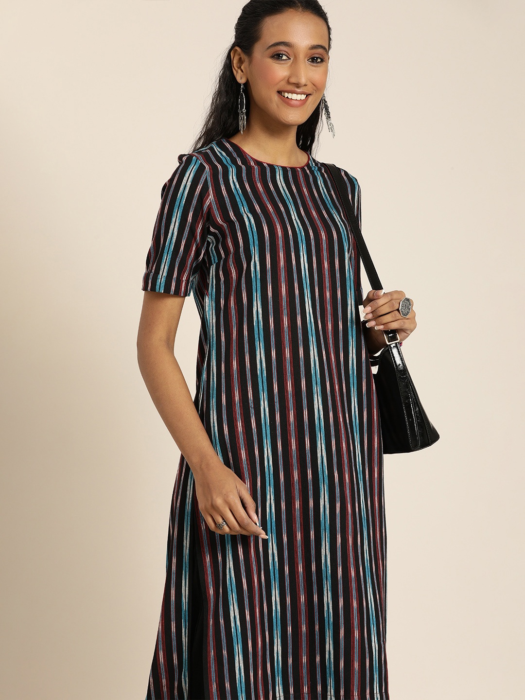 

Taavi Women Multicoloured Ikat Striped Straight Kurta With High Low Hem, Multi