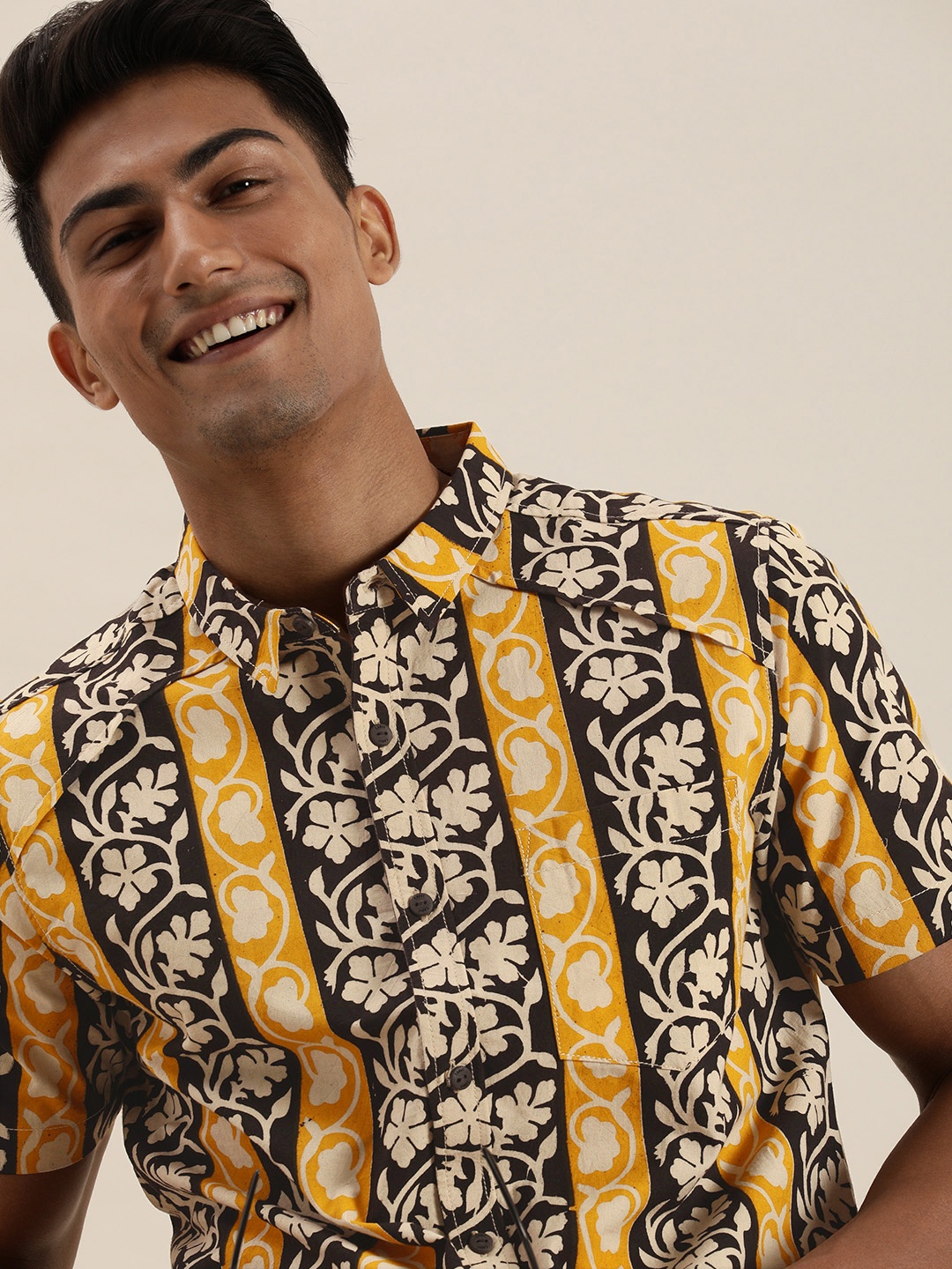 

Taavi Men Black And Mustard Yellow Floral Kalamkari Block Printed Chinese Collar Shirt