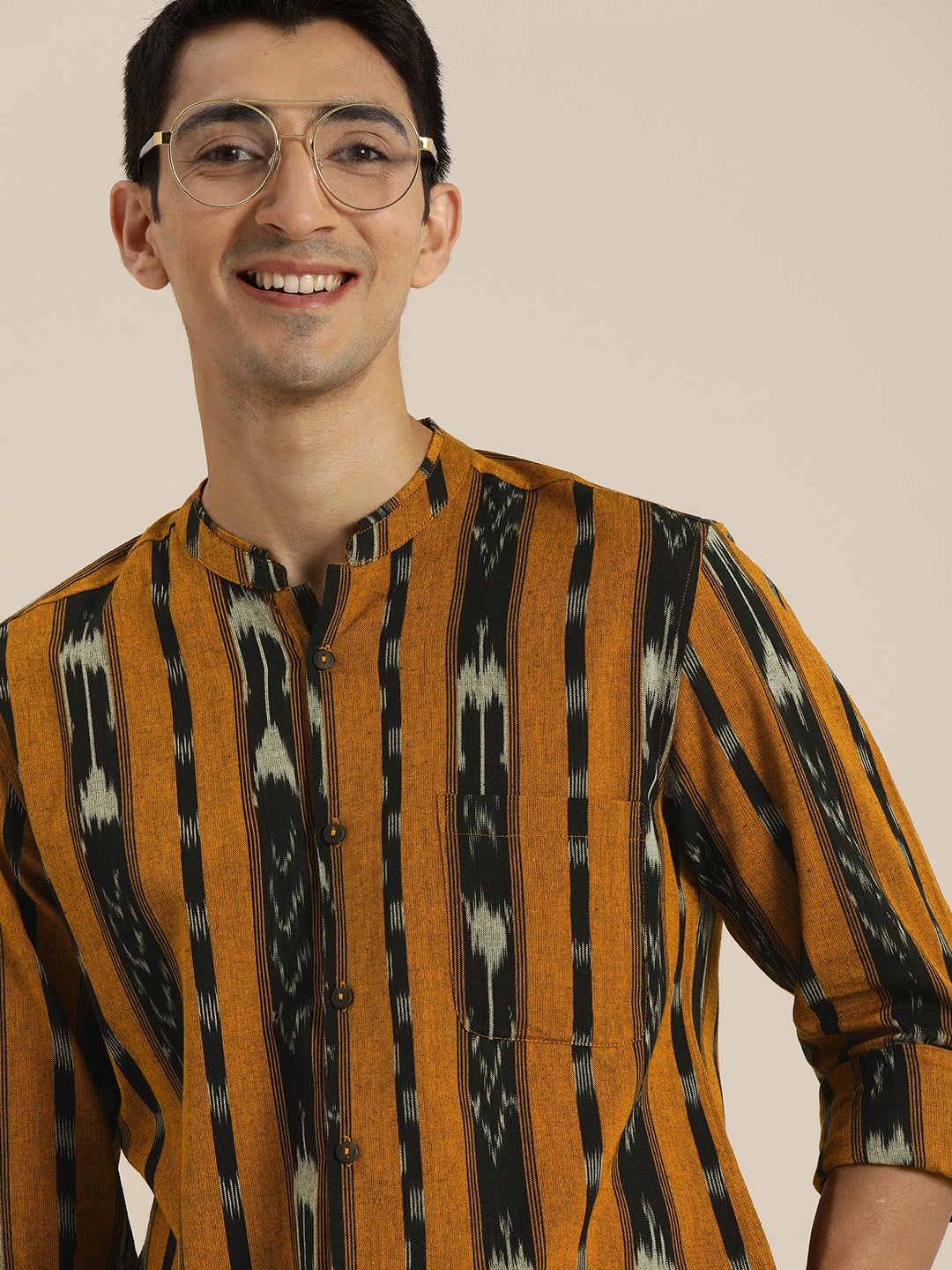 

Taavi Men Mustard Yellow & Black Ikat Woven Design Sustainable Shirt with Roll-Up Sleeves