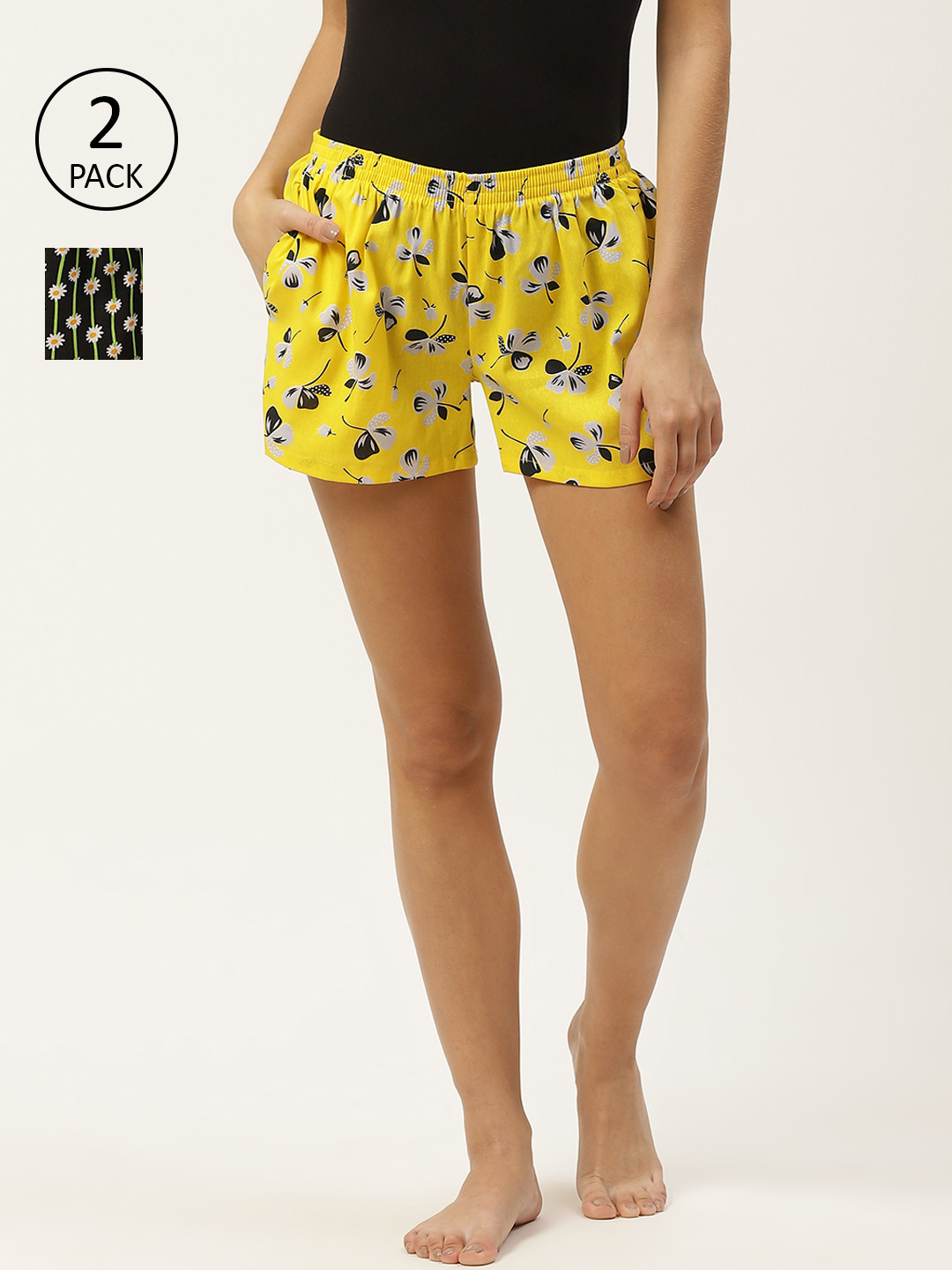 

ETC Women Pack Of 2 Printed Lounge Shorts, Yellow