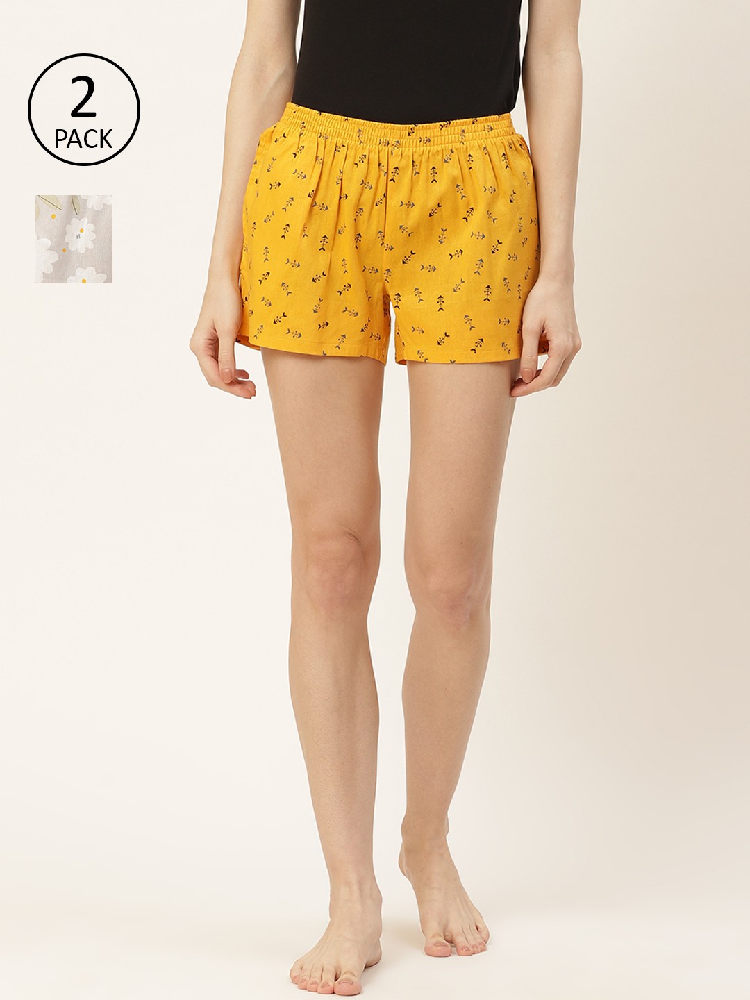 

ETC Women Women Pack Of 2 Printed Lounge Shorts, Yellow