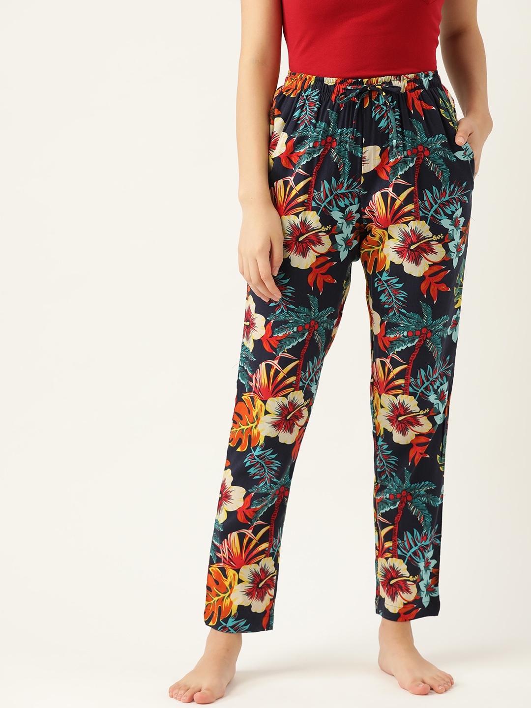 

ETC Women Navy Blue & Red Tropical Print Regular Fit Lounge Pants