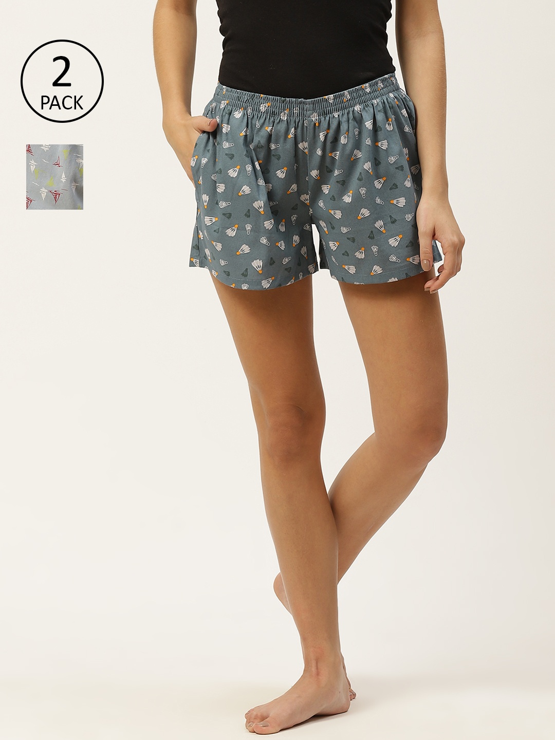 

ETC Women Pack of 2 Printed Lounge Shorts, Grey