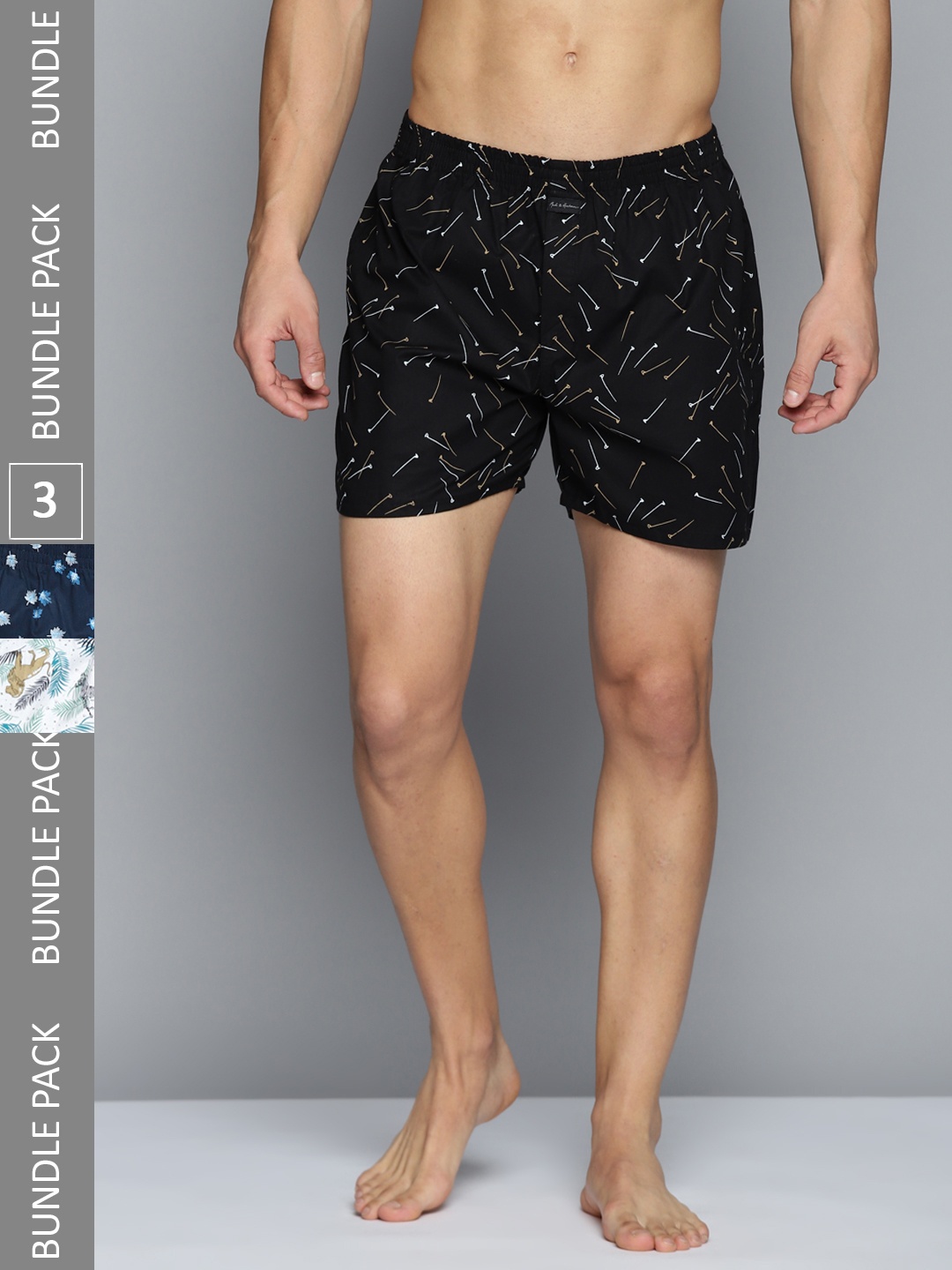 

Mast & Harbour Men Pack of 3 Pure Cotton Printed Boxers 03AG, Black
