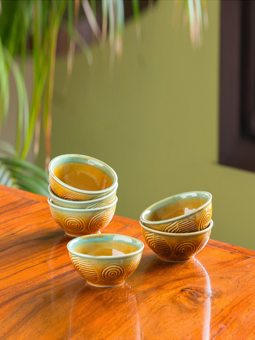 

ExclusiveLane Brown & Sea Green Set of 6 Peacock Hand-Engraved Dining Bowls 200 ML Each