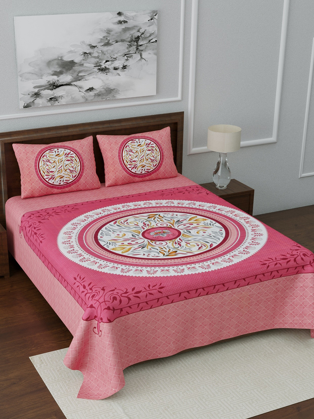 

LIVING ROOTS Pink & White Ethnic Motifs 144 TC Cotton 1 Queen Bedsheet with 2 Pillow Covers