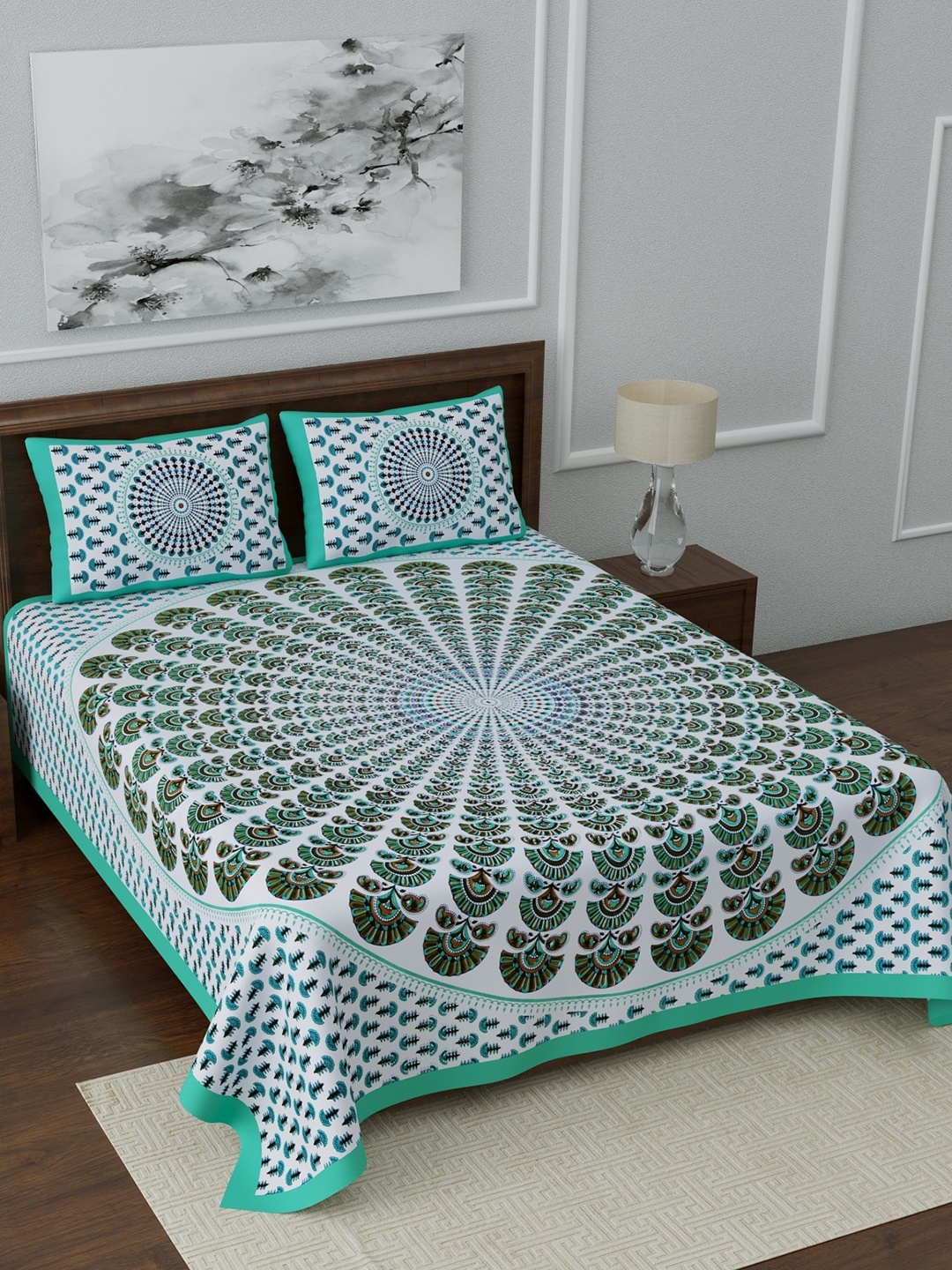 

LIVING ROOTS White & Green Ethnic Motifs 144 TC Cotton 1 Queen Bedsheet with 2 Pillow Covers