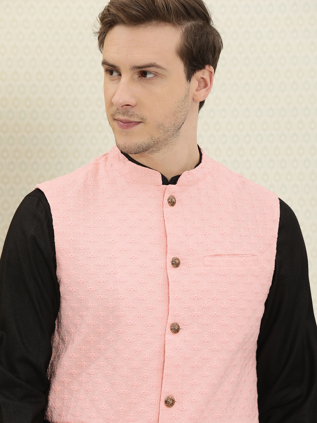 

House of Pataudi Men Pink Authentic Hand Embroidered Chikankari Nehru Jacket