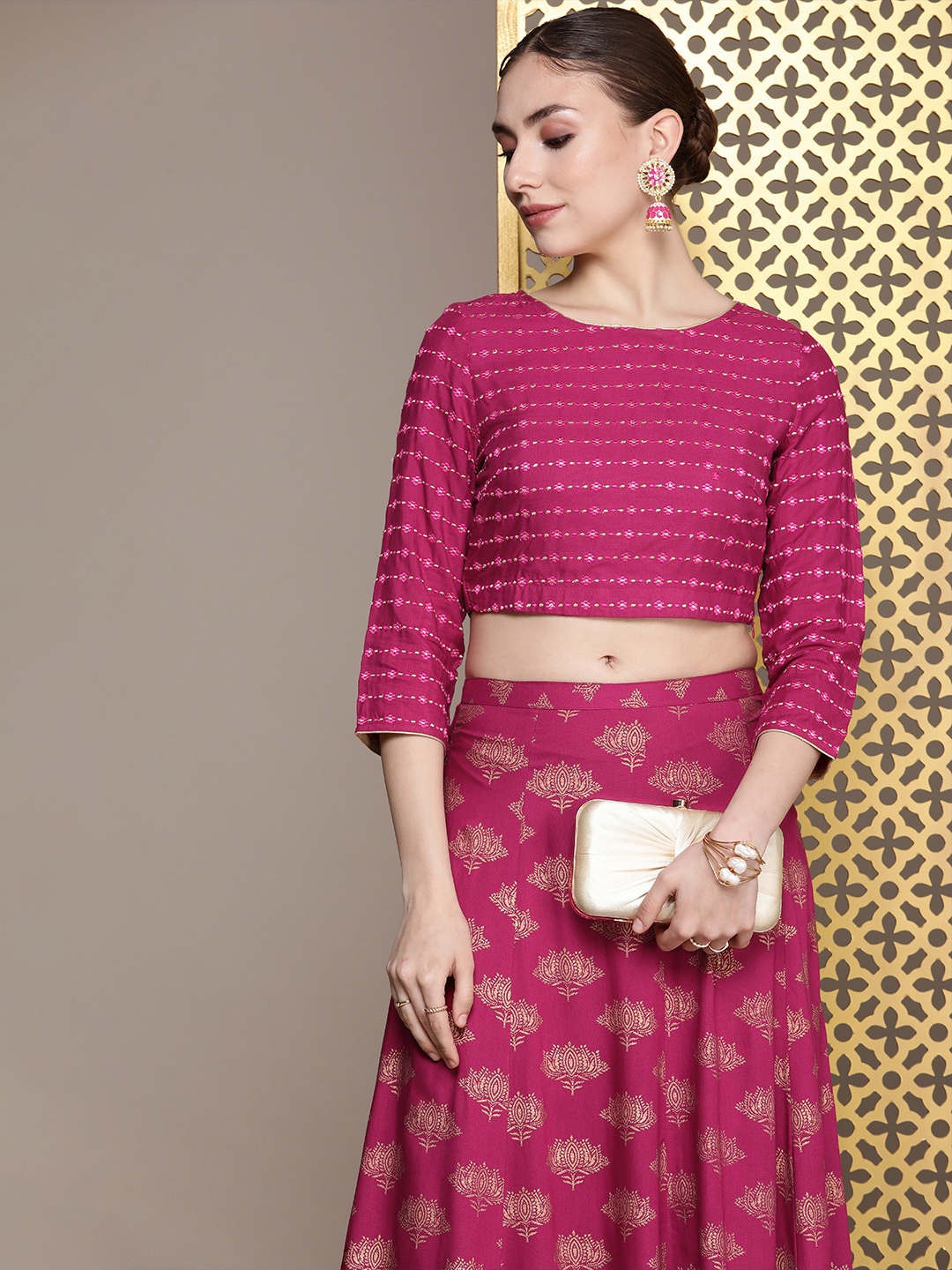 

House of Pataudi Jashn Embroidered Ethnic Co-Ords, Fuchsia