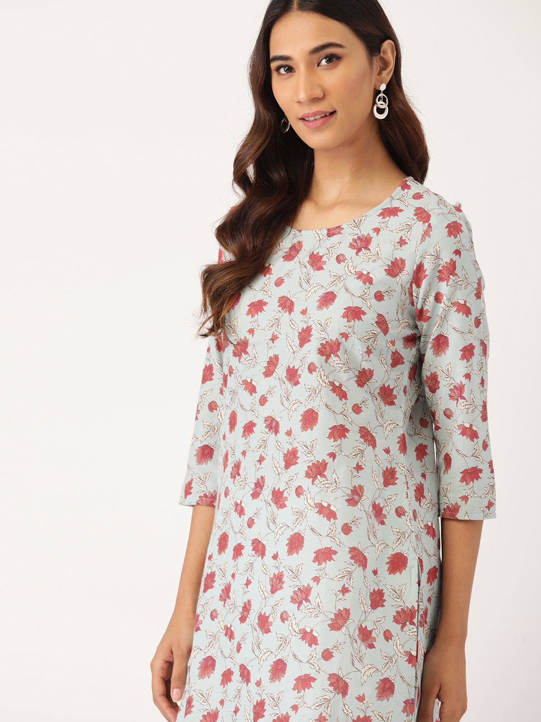 

House of Pataudi Women Blue & Pink Floral Printed Pure Cotton Kurta