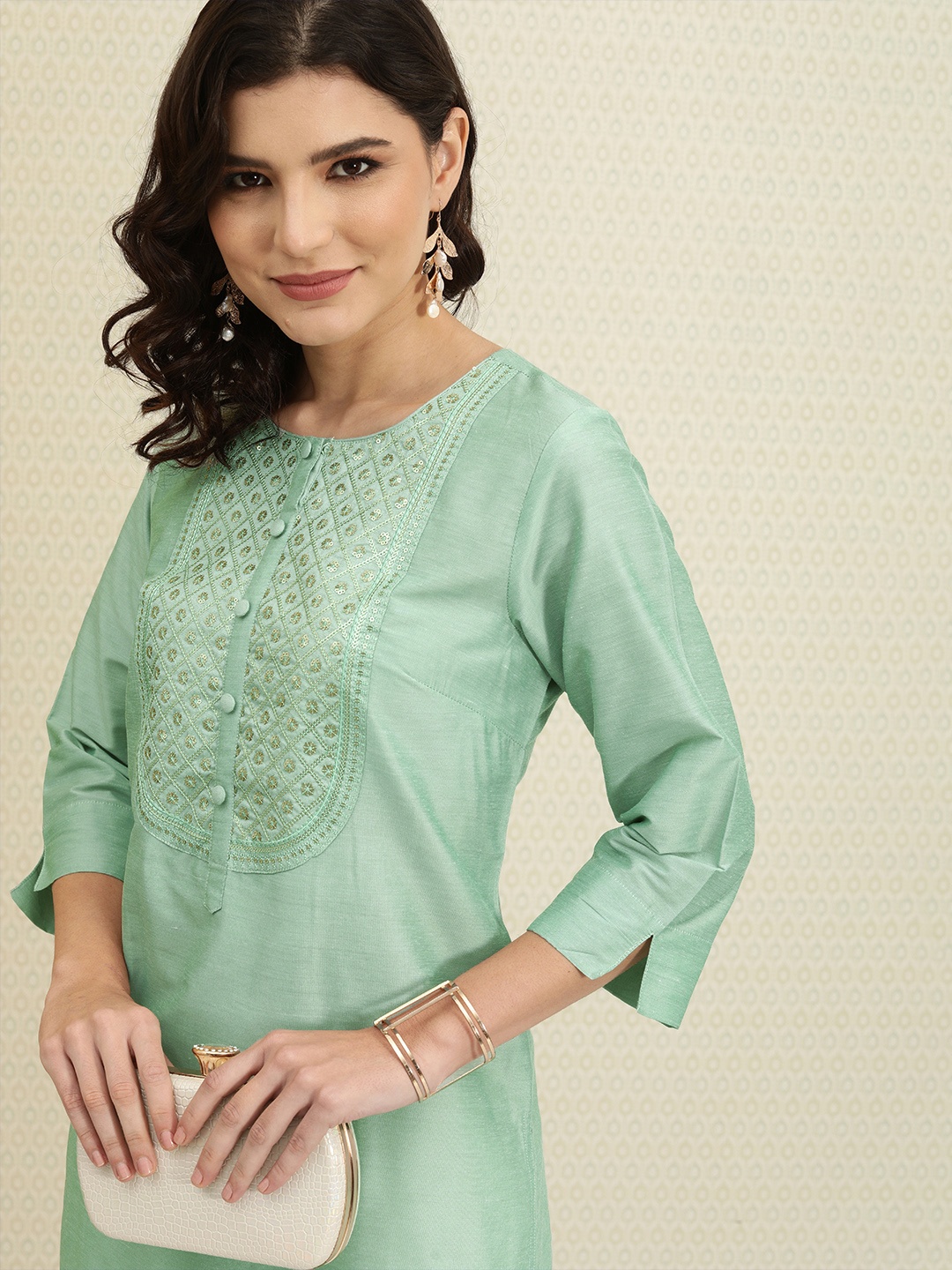 

House of Pataudi Women Green Yoke Design Kurta