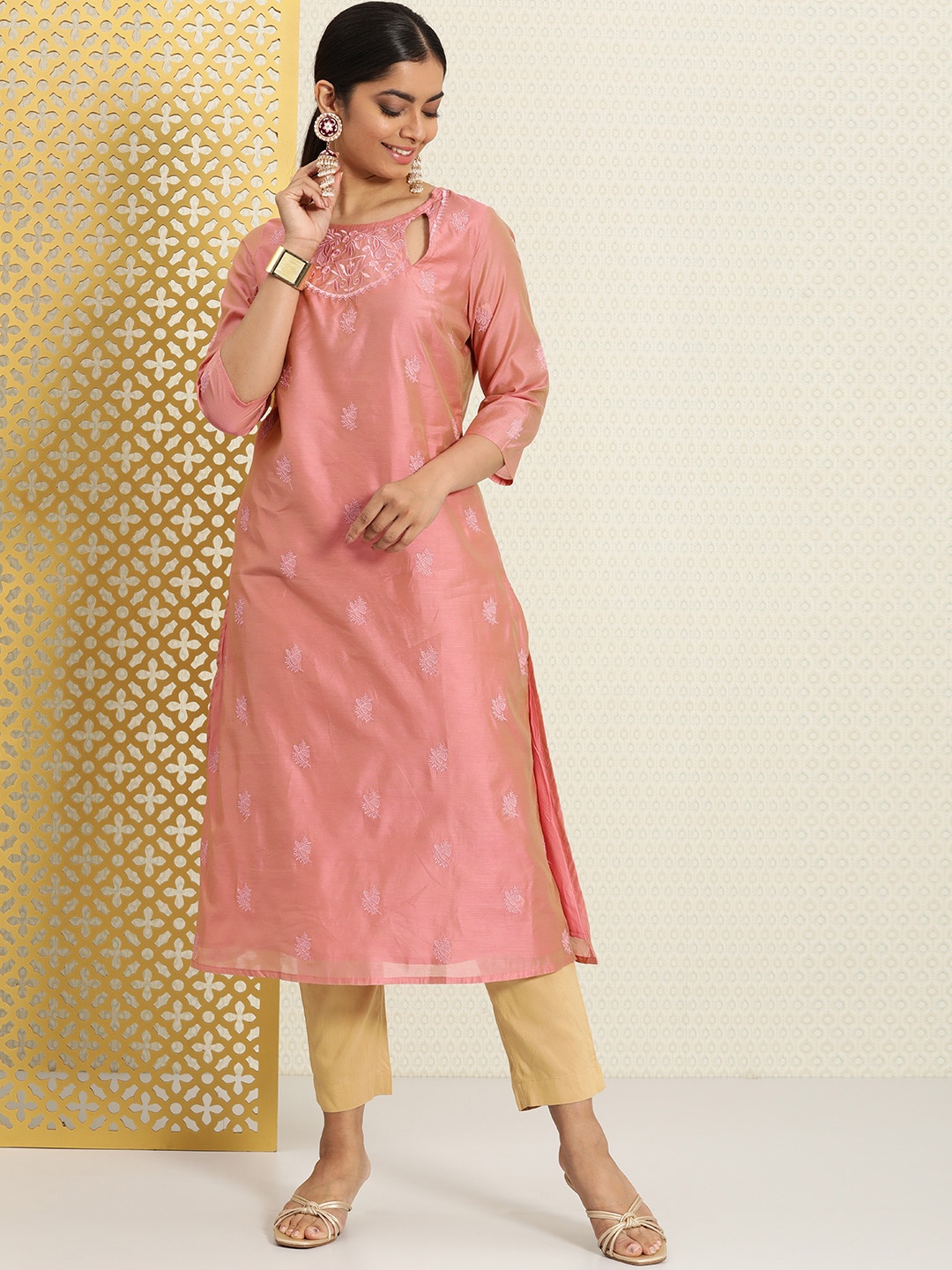 

House of Pataudi Women Pink Embroidered Jashn Kurta