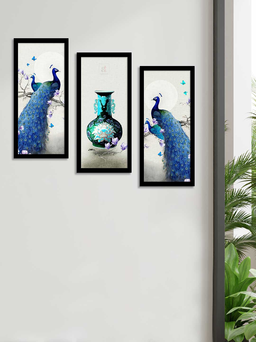 

Art Street Set Of 3 Blue & White Peacock Theme Framed Paintings