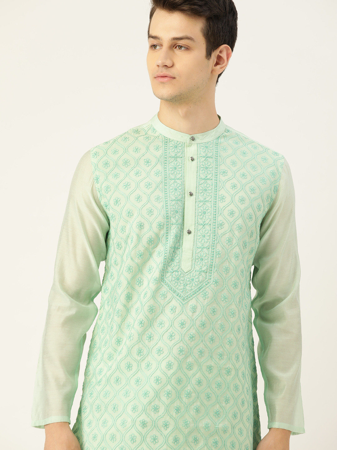 

House of Pataudi Men Sea Green Ethnic Motifs Embroidered Chikankari Kurta with Salwar