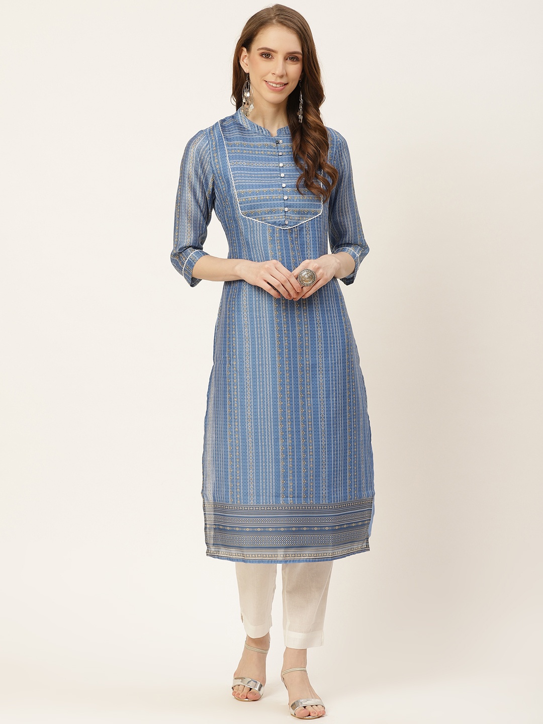 

House of Pataudi Women Blue & White Striped Chanderi Straight Rozana Kurta