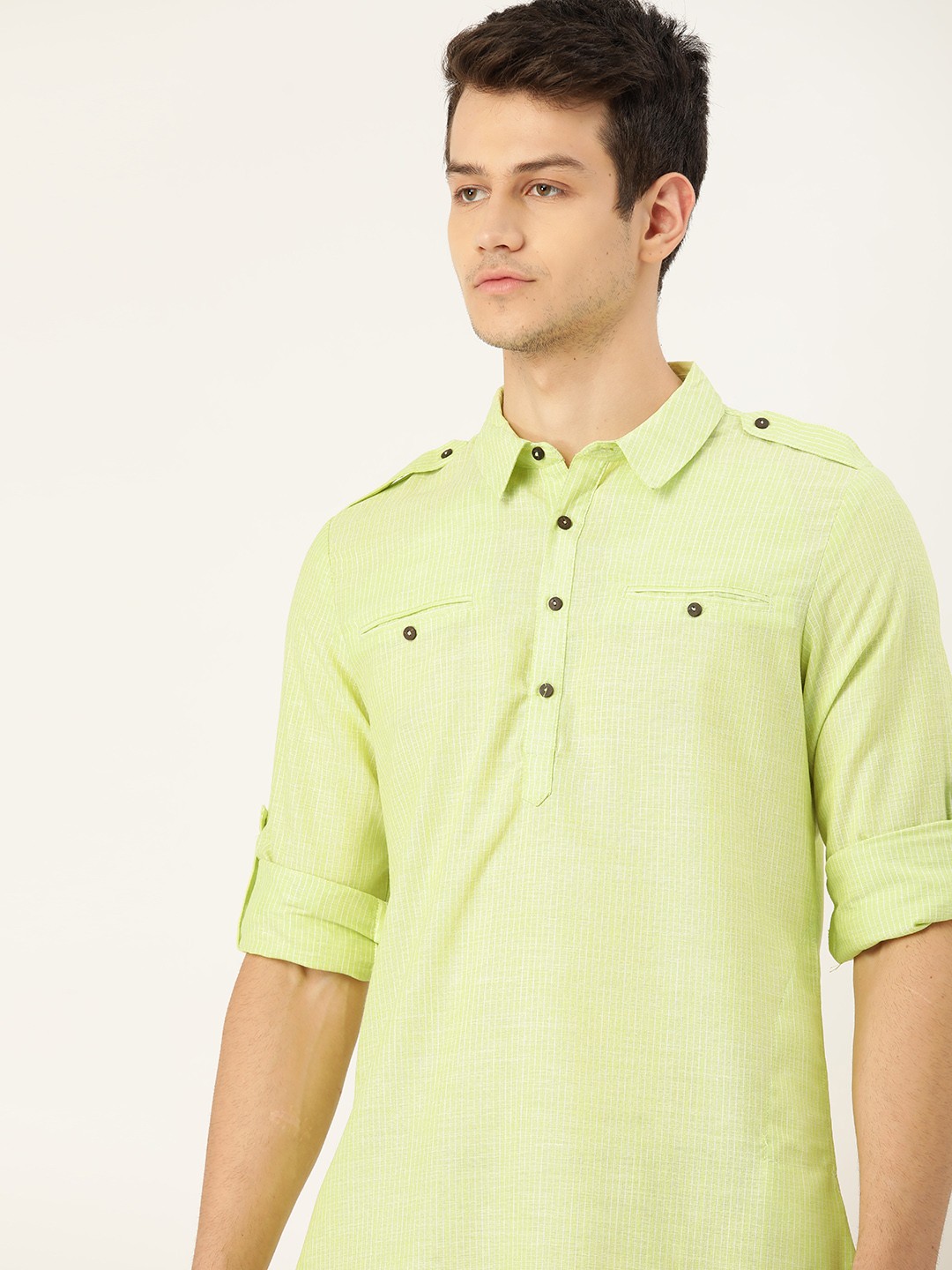 

House of Pataudi Men Green & White Striped Kurta