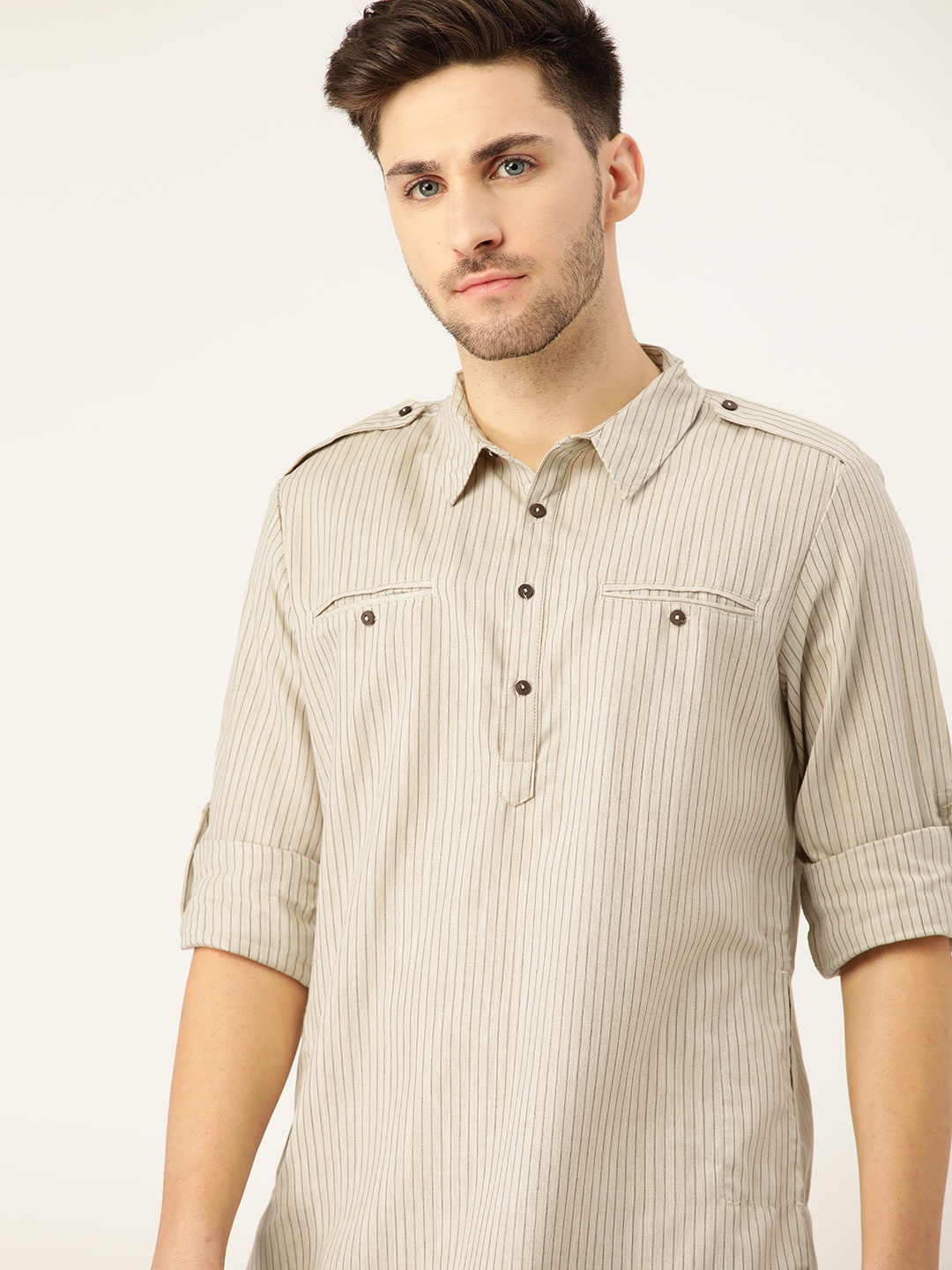 

House of Pataudi Men Beige & Taupe Striped Kurta