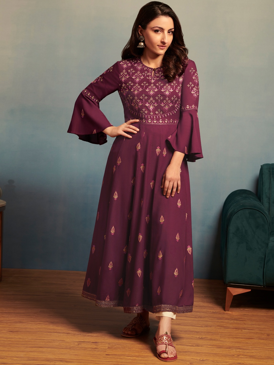 

House of Pataudi Women Purple Ethnic Motifs Embroidered Bell Sleeves Anarkali Kurta
