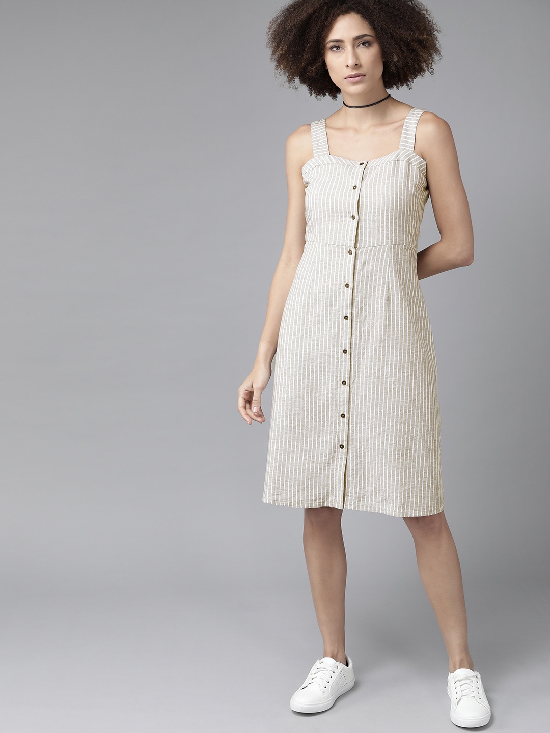 

Roadster Beige & White Pure Cotton Striped A-Line Dress