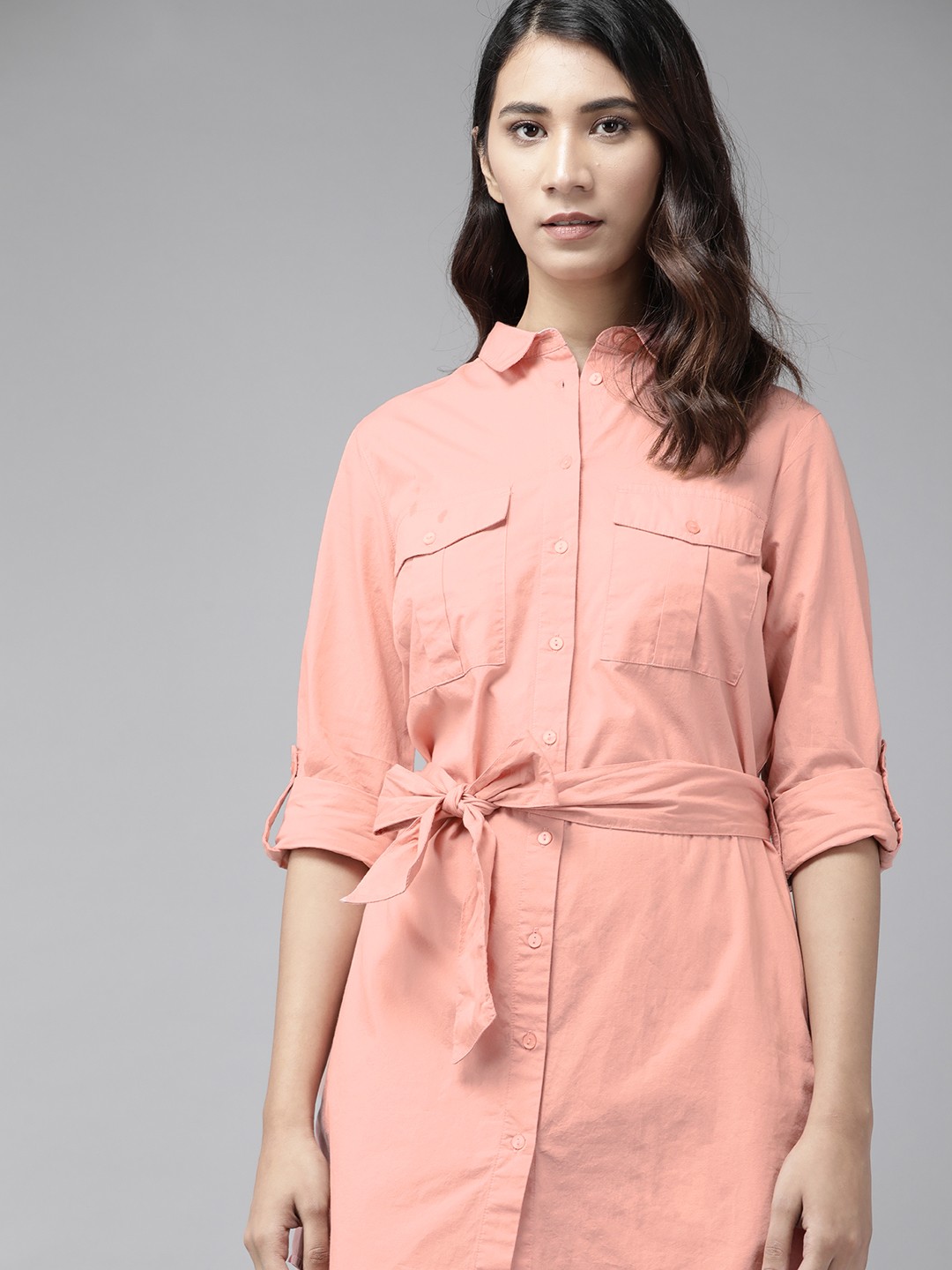 

Roadster Women Peach-Coloured Pure Cotton Solid Shirt Dress with Belt