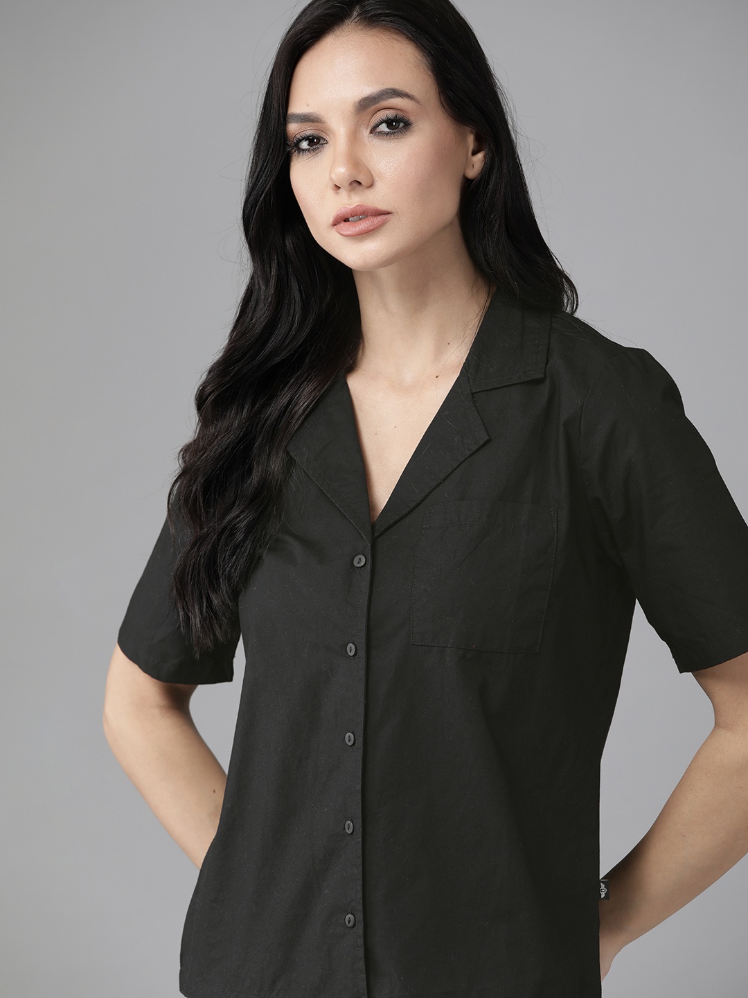 

Roadster Women Black Solid Pure Cotton Casual Shirt