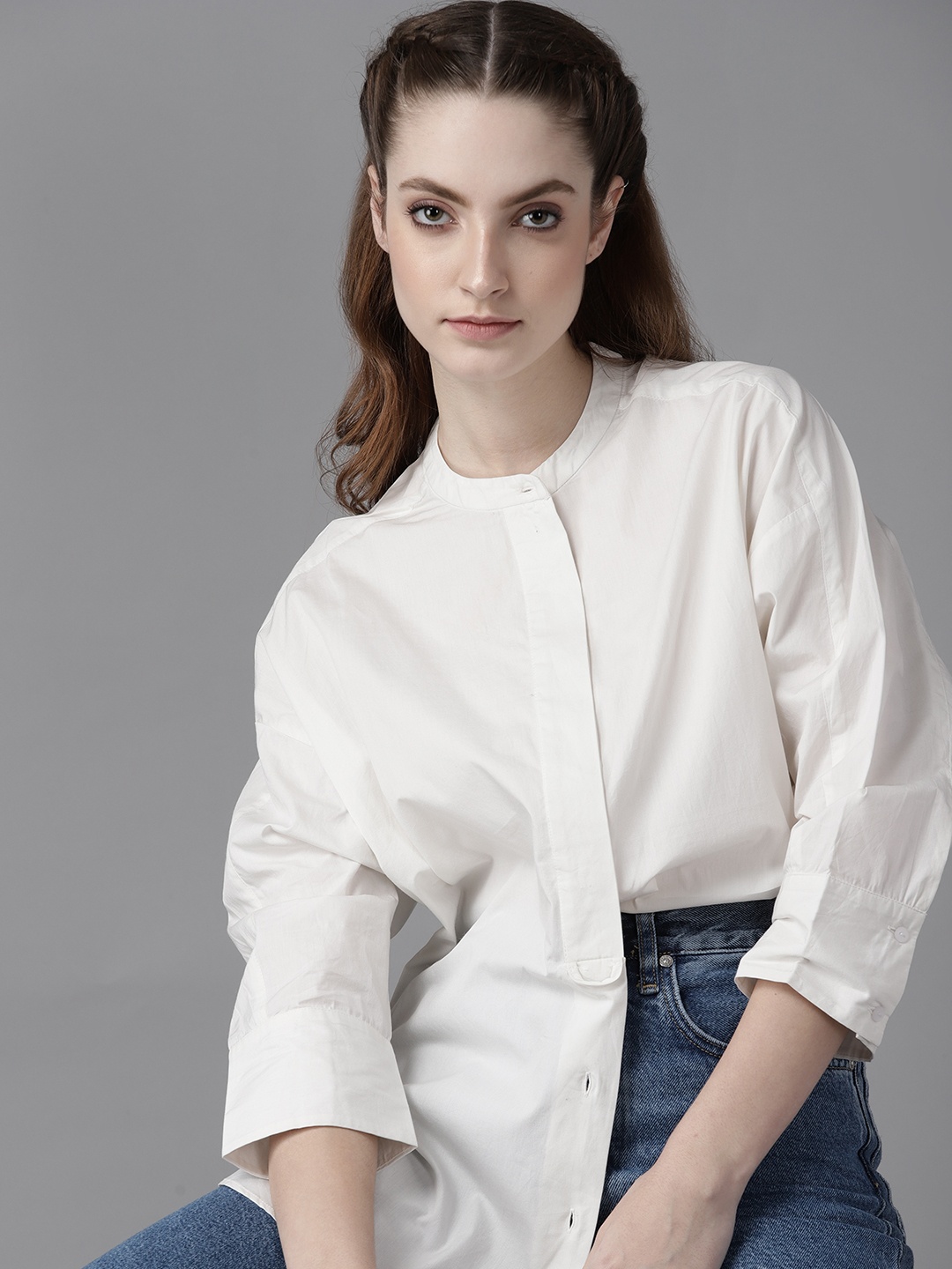 

Roadster Women White Pure Cotton Solid Casual Shirt