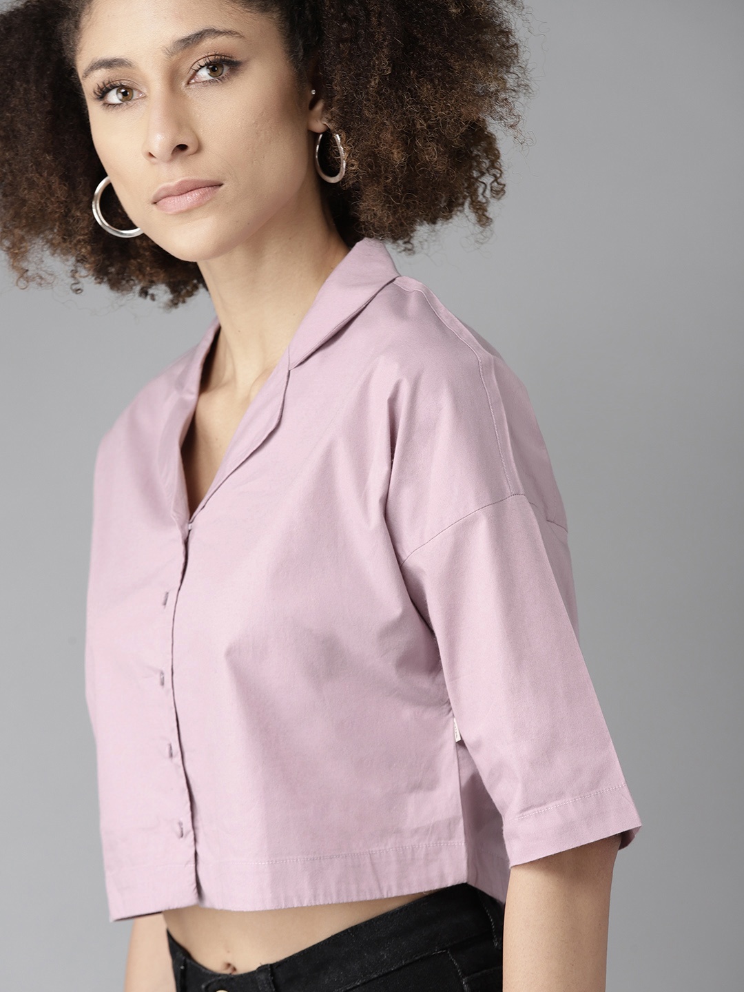 

Roadster Women Purple Pure Cotton Solid Boxy Crop Shirt