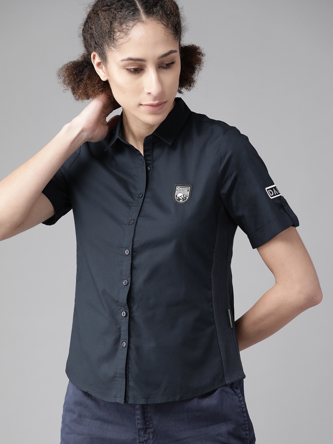 

Roadster X DISCOVERY ADVENTURES Women Navy Blue Pure Cotton Solid Casual Shirt