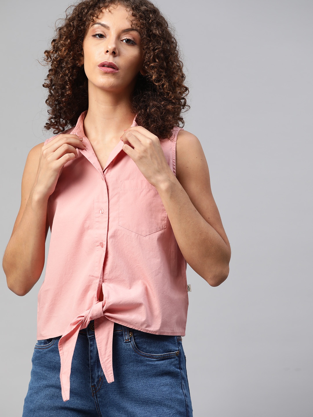

Roadster Women Pink Solid Waist Tie-up Casual Top