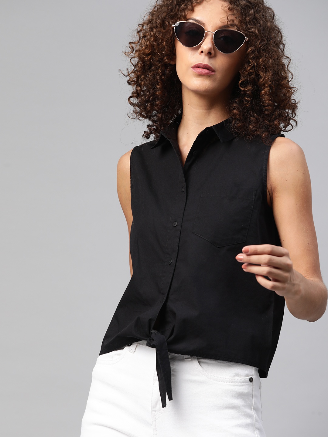 

Roadster Women Black Pure Cotton Solid Casual Shirt