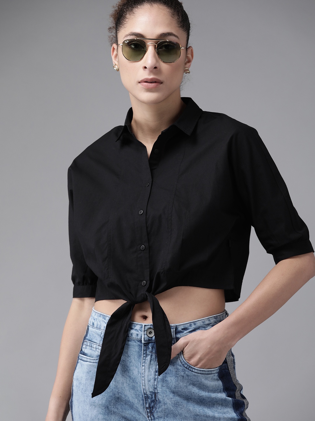 

Roadster Women Black Pure Cotton Solid Boxy Front Knot Cropped Shirt