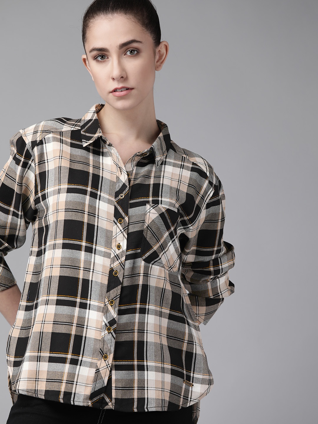 

Roadster Women Black & Beige Checked Casual Shirt