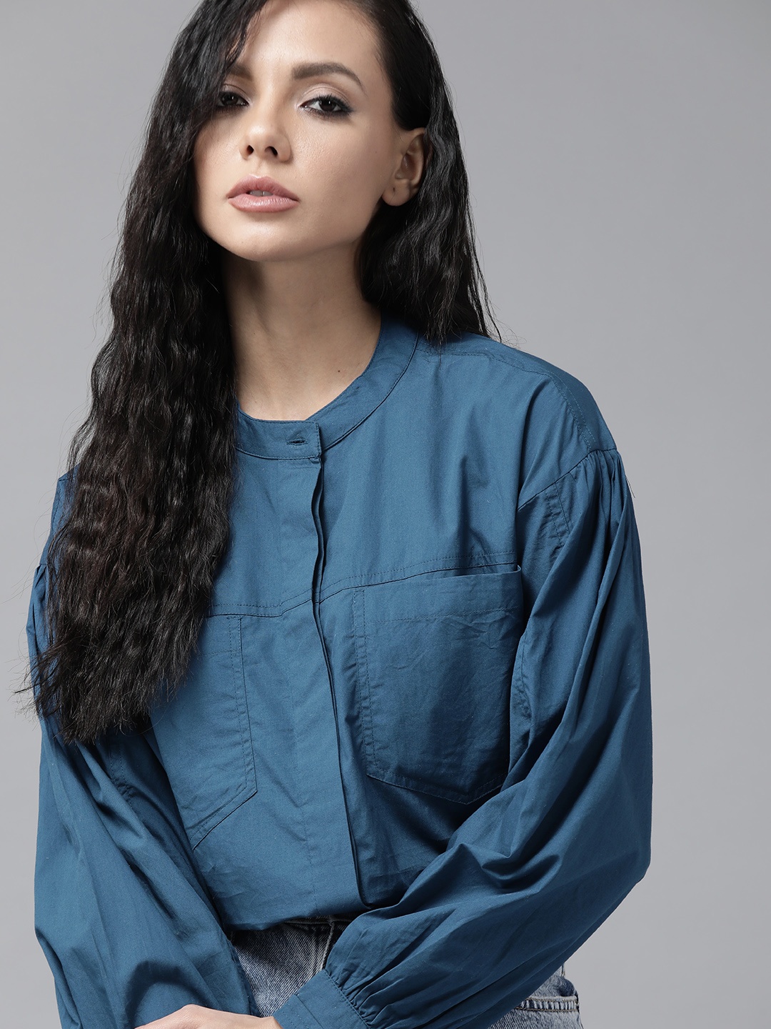 

Roadster Women Teal Blue Pure Cotton Casual Shirt with Puff Sleeves